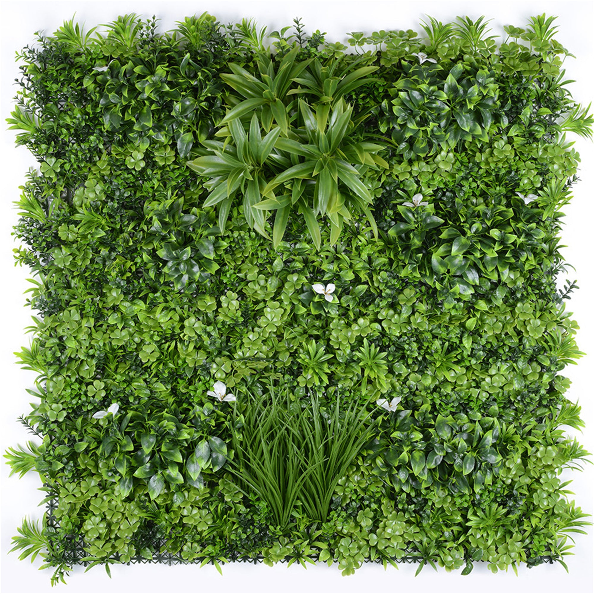 Pasto mural artificial premium con flores blancas 100 x 100 cm con protección UV
