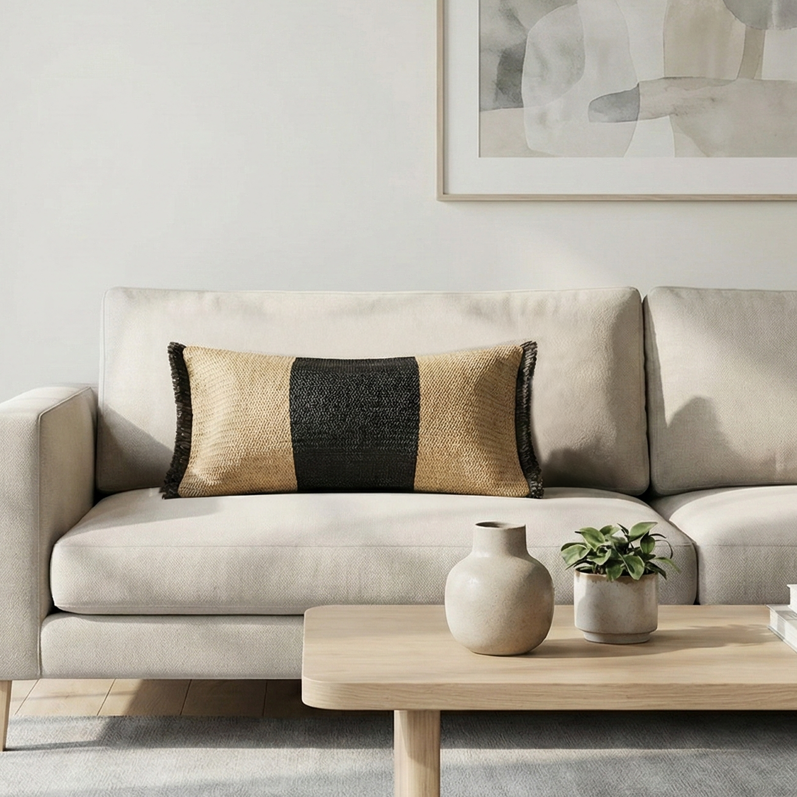 Cojín de rafia beige y negro con flecos negros de 30 x 50 cm