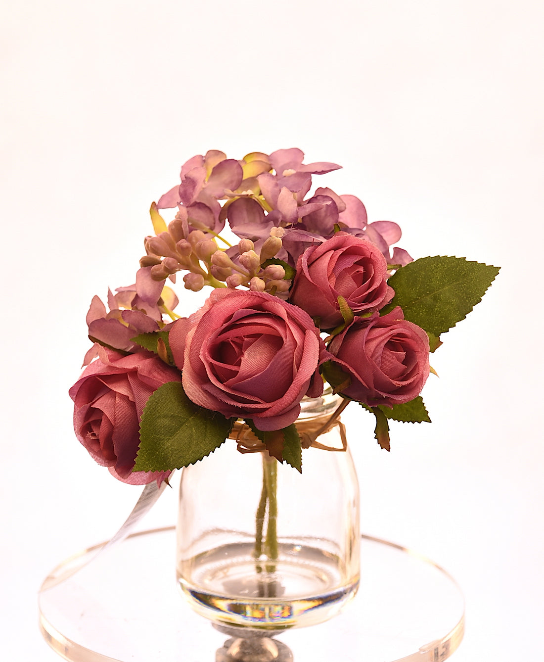 Arreglo de flores rosado oscuro artificiales de 15 cm en florero de vidrio