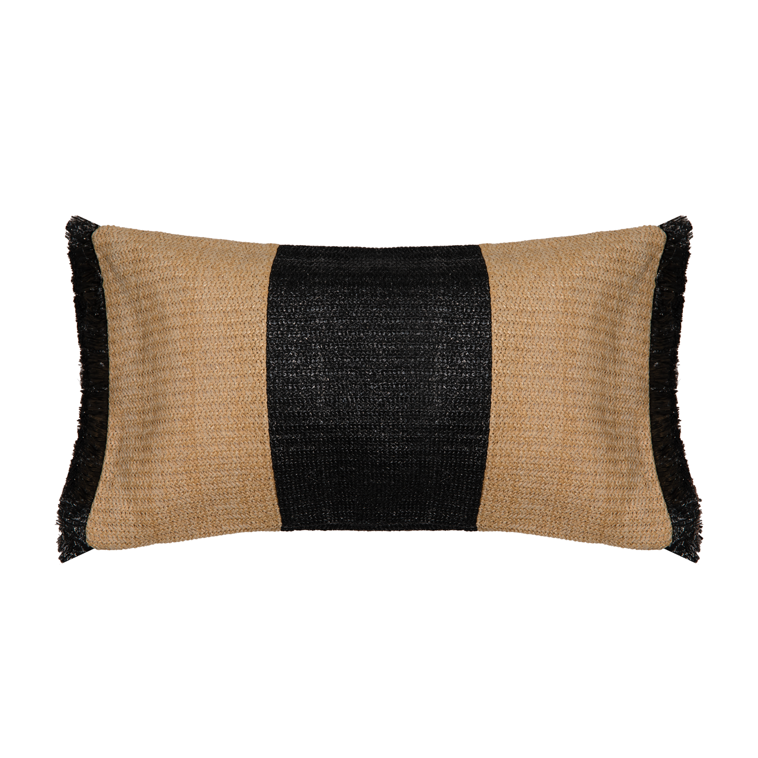 Cojín de rafia beige y negro con flecos negros de 30 x 50 cm