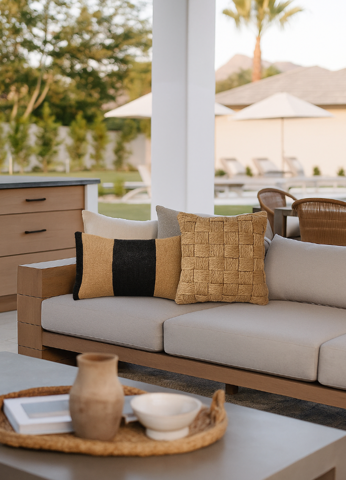 Cojín de rafia beige y negro con flecos negros de 30 x 50 cm