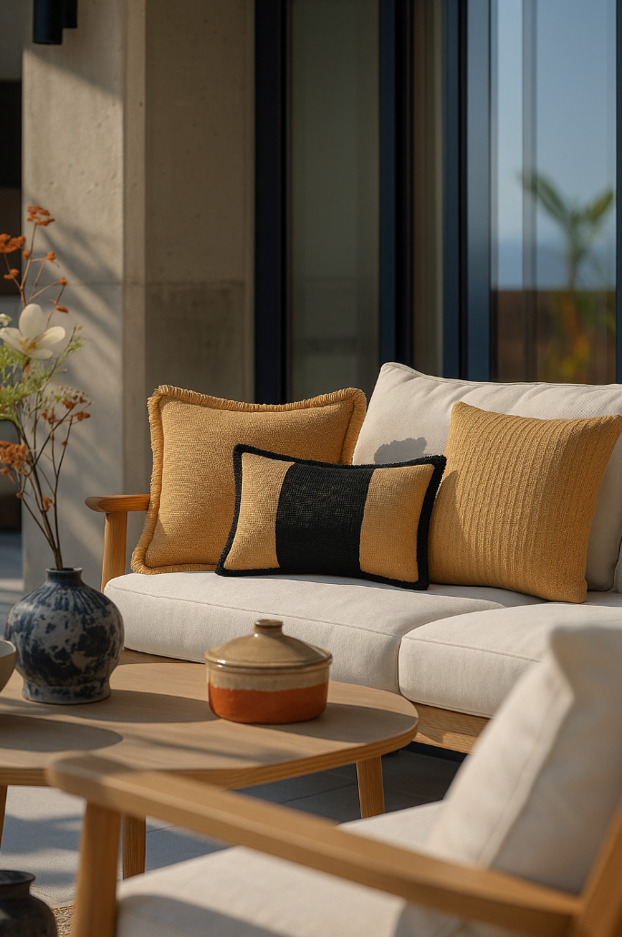 Cojín de rafia beige con flecos de  45 x 45 cm