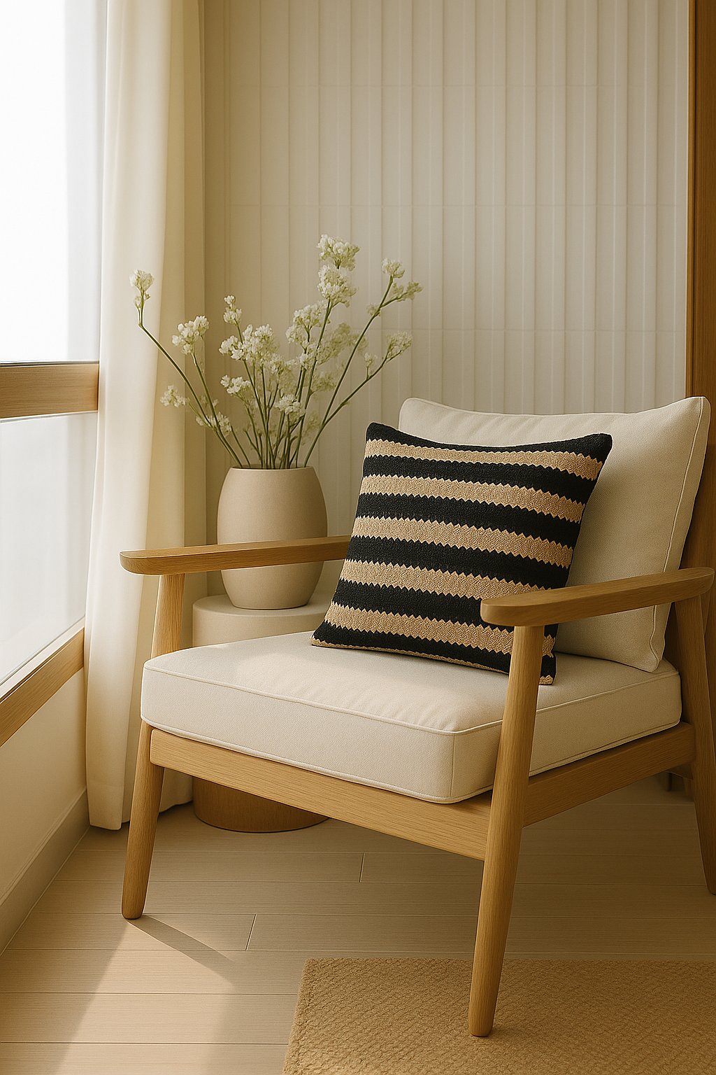 Cojín de rafia con líneas beige y negras de 45 x 45 cm