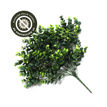 Hierba artifiical hoja redondeada verde, rama decorativa de 33 cm con protección UV