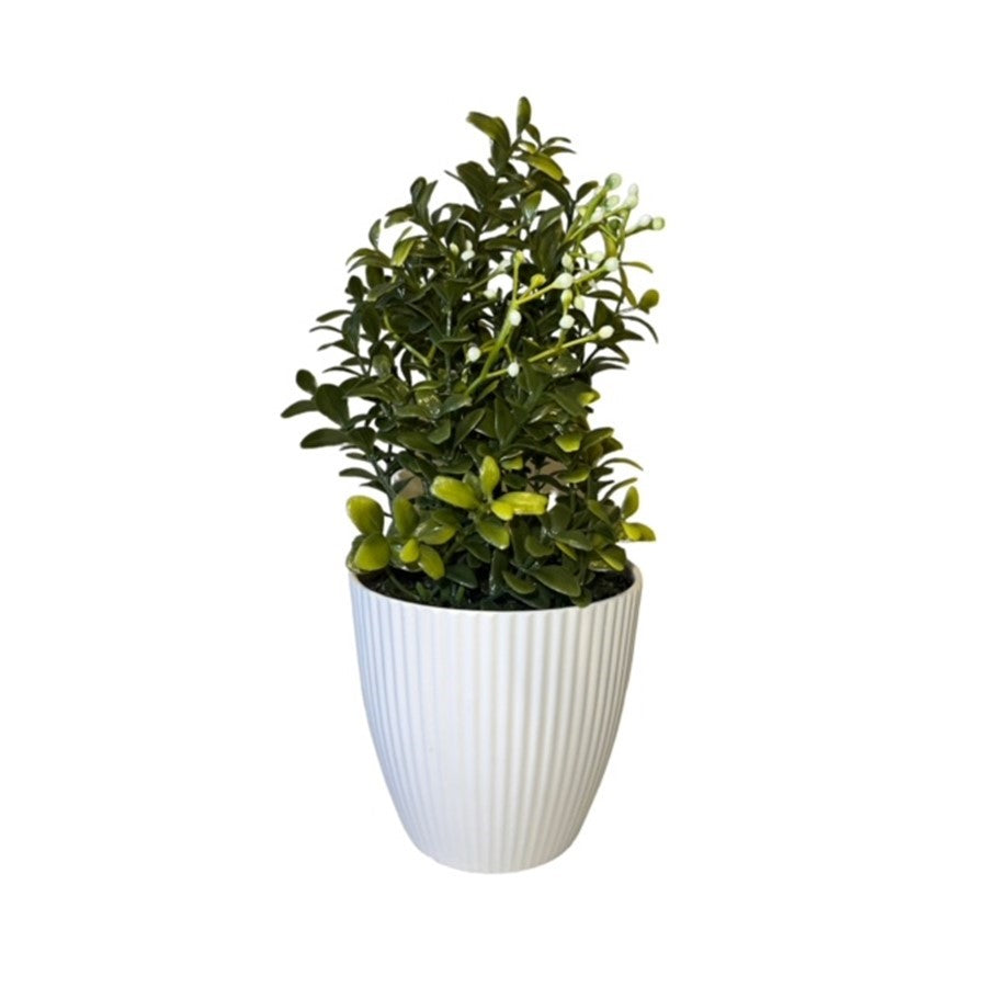 Boj artificial con flores blancas de 24 cm con macetero