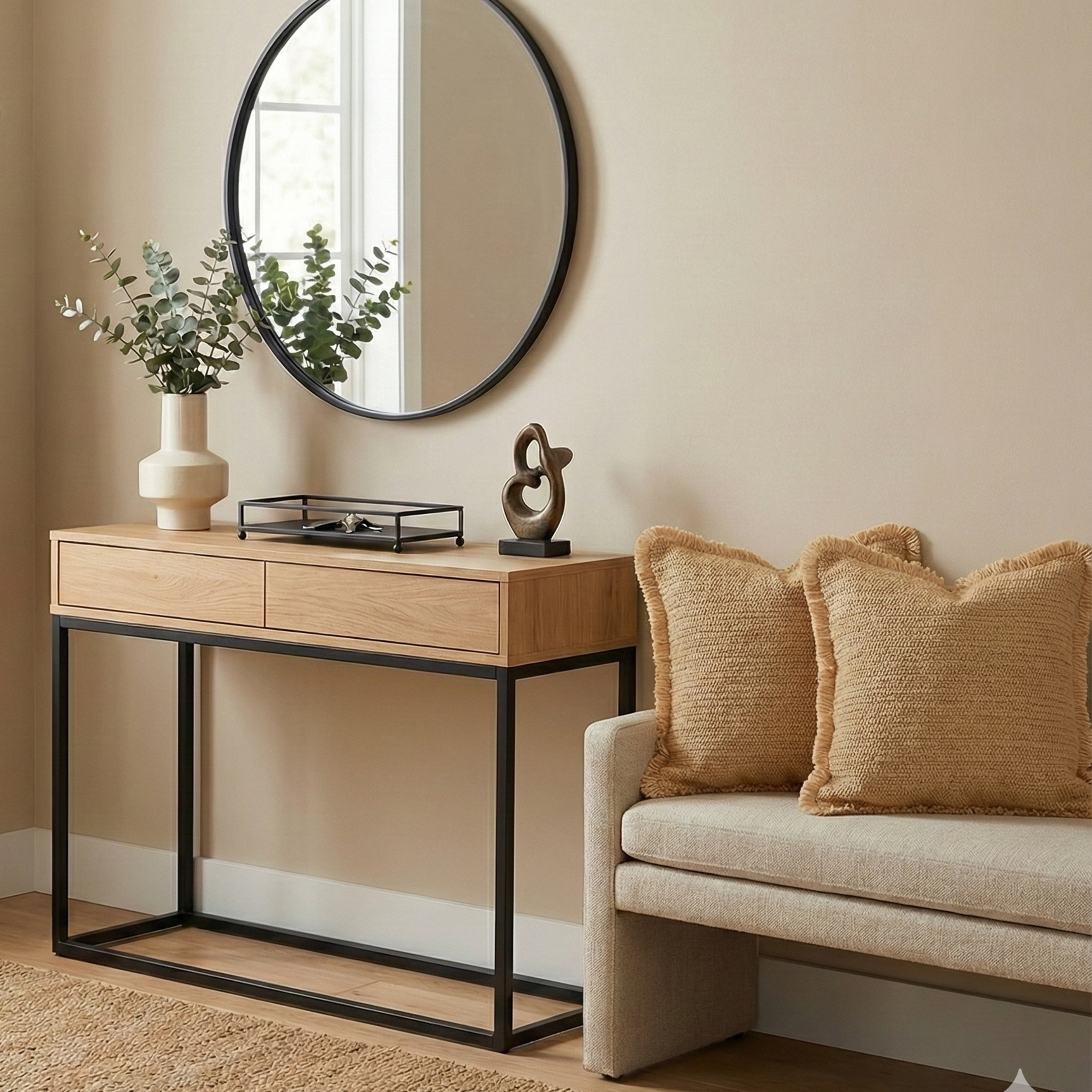 Cojín de rafia beige con flecos de  45 x 45 cm