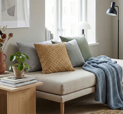 Cojín de rafia beige con tejido de circulos de 45 x 45 cm