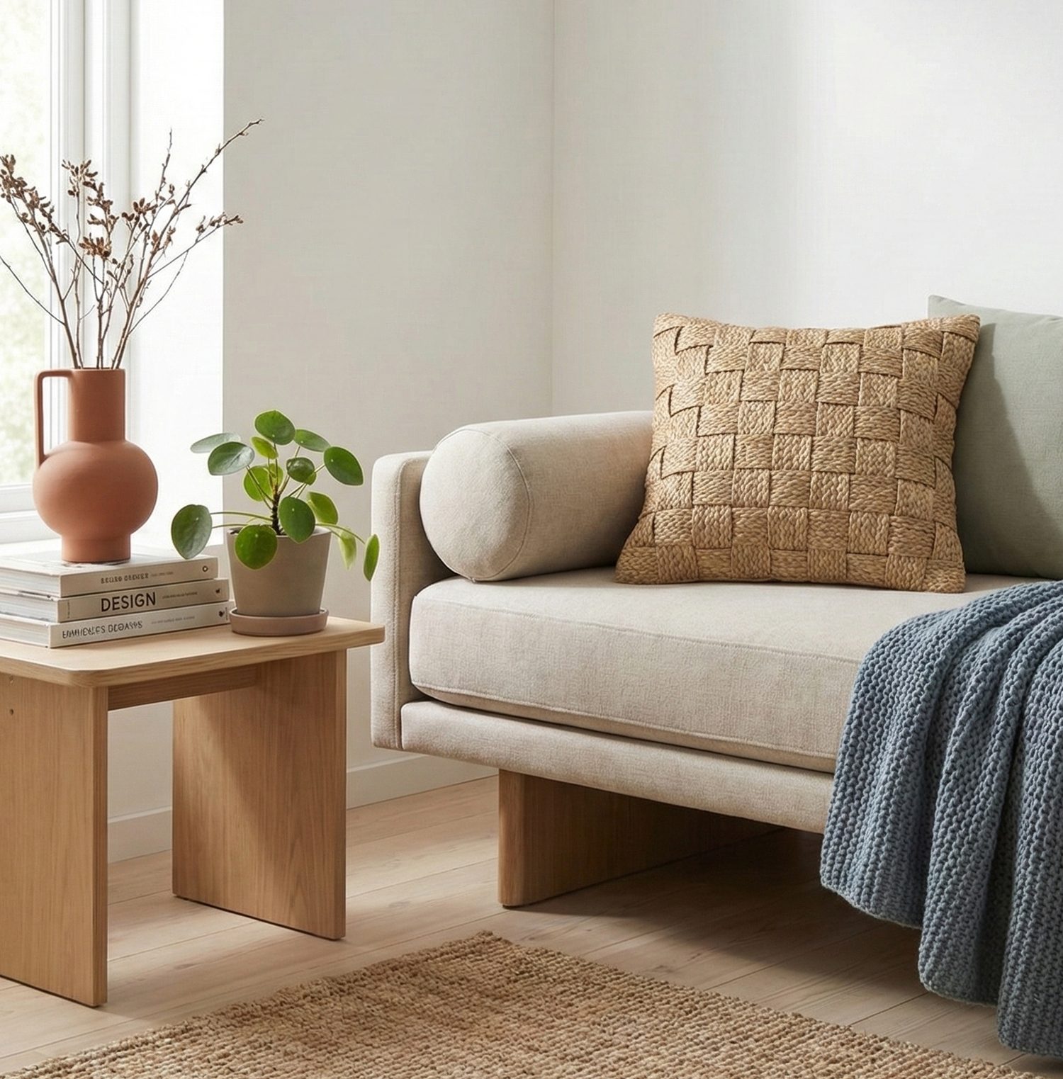 Cojín premium de rafia y polipropileno beige con tejido de cuadros entrelazados de 45 x 45 cm