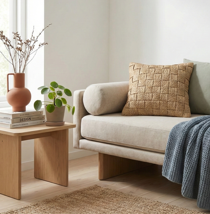 Cojín premium de rafia y polipropileno beige con tejido de cuadros entrelazados de 45 x 45 cm