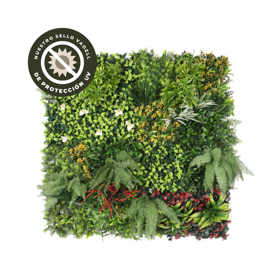 Pasto Mural Artificial Premium Con Flores Blancas Y Ramas Multicolores 100 X 100 cm. Con Protección UV