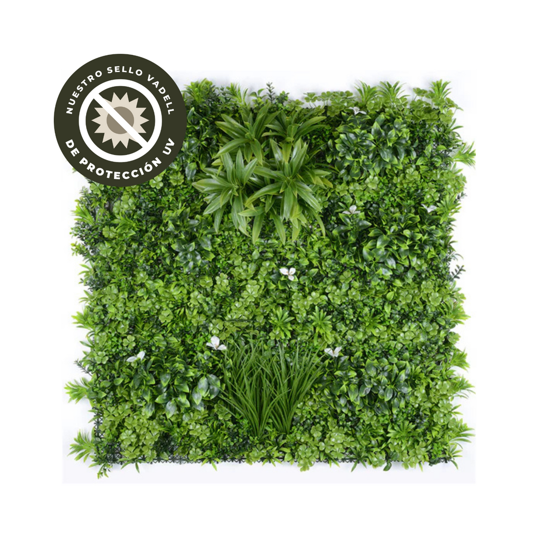Pasto mural artificial premium con flores blancas 100 x 100 cm con protección UV