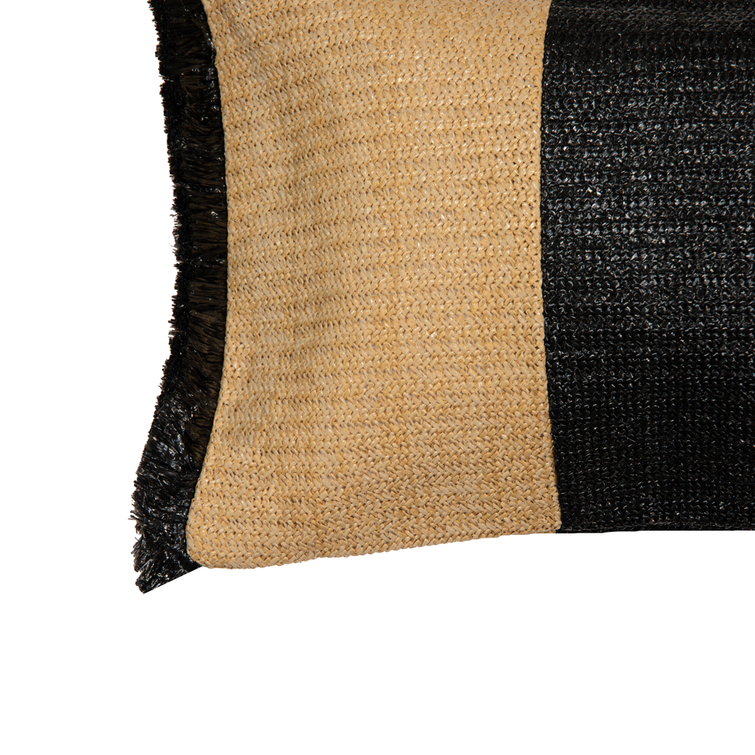 Cojín de rafia beige y negro con flecos negros de 30 x 50 cm