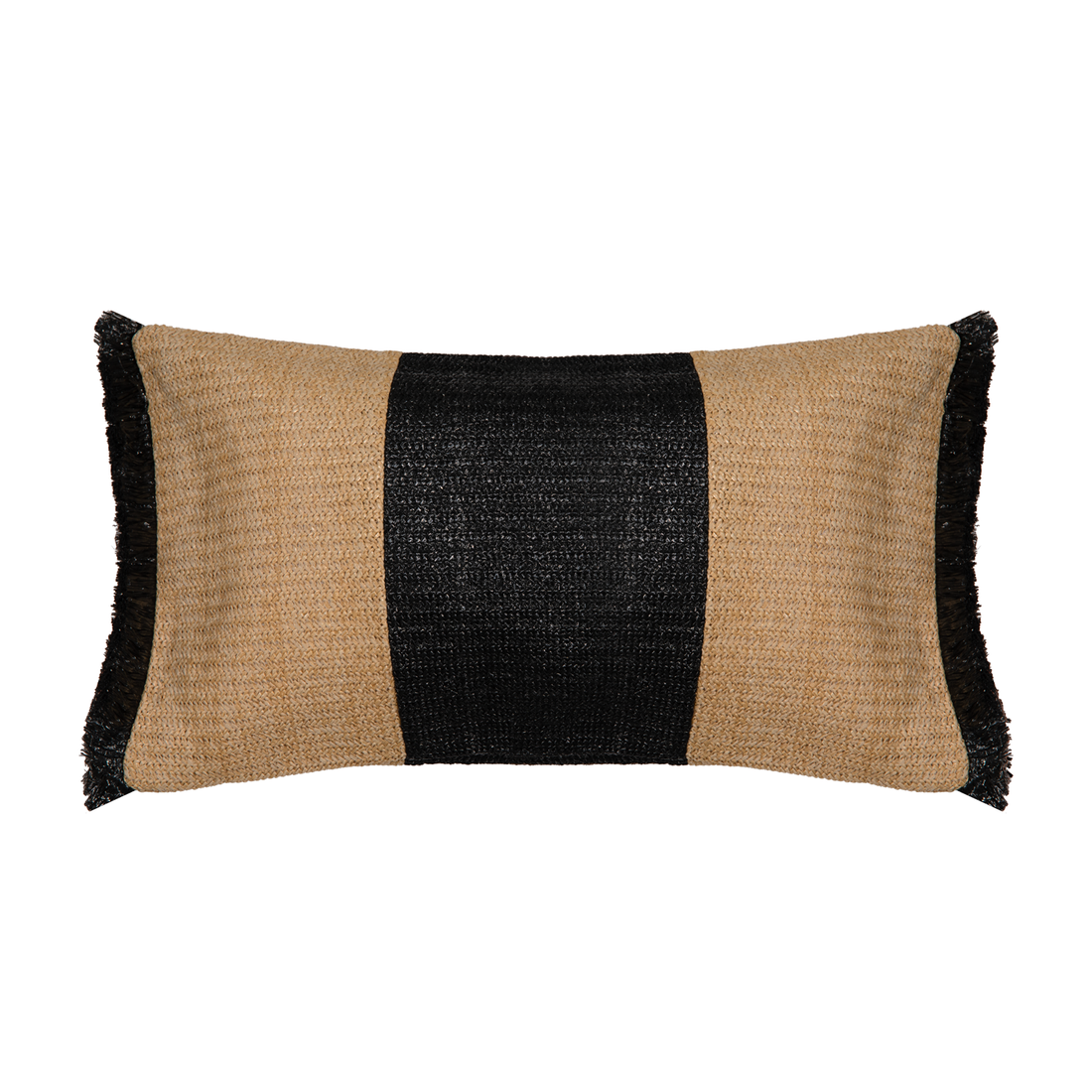 Cojín de rafia beige y negro con flecos negros de 30 x 50 cm