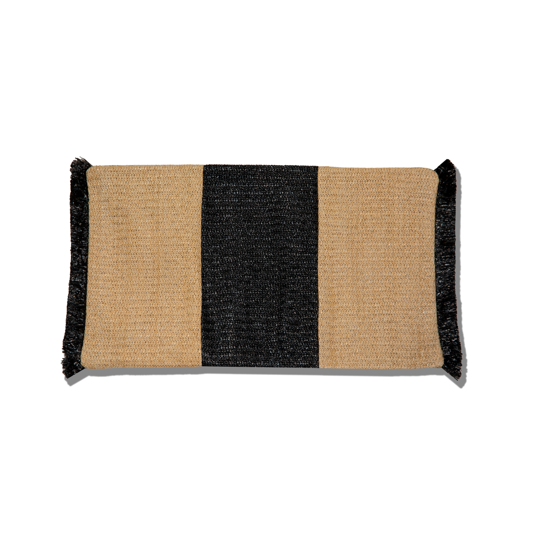 Funda de cojín de rafia beige y negro con flecos negros de 30 x 50 cm