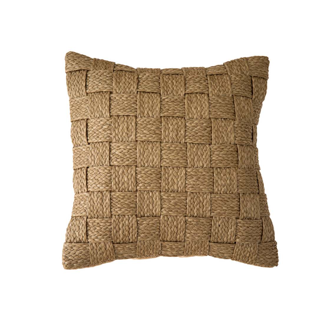 Cojín premium de rafia y polipropileno beige con tejido de cuadros entrelazados de 45 x 45 cm