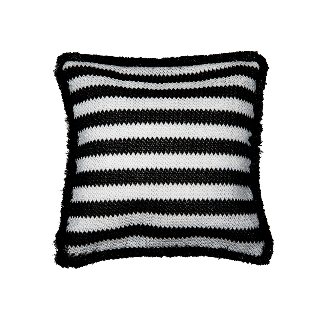 Cojín de rafia con líneas negras y blancas con flecos negros de 45 x 45 cm